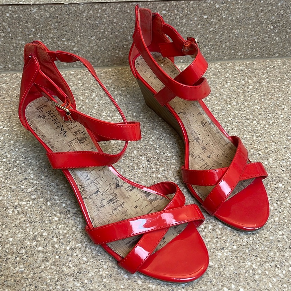 Merona Red Patent Wedge Sandals with Ankle Straps